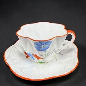 Shelley England Dainty Morning Glory Nasturtium Teacup Saucer Set Orange Trim